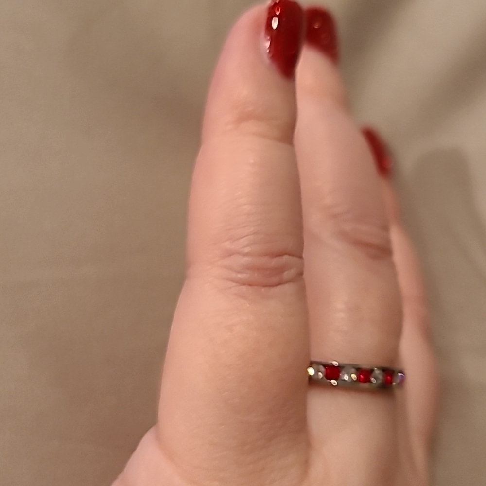 Channel set red and clear stones cubic zirconia stainless steel eternity ring - Picture 5 of 9
